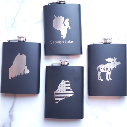 Sebago Lake Laser Engraved Black Flask