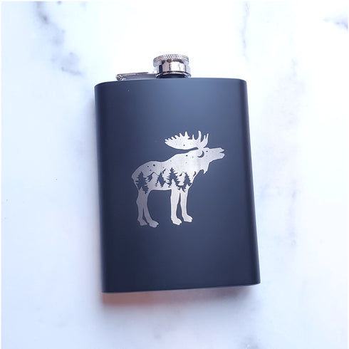 Moose Laser Engraved Black Flask