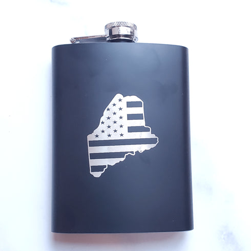 Maine Flag Laser Engraved Black Flask