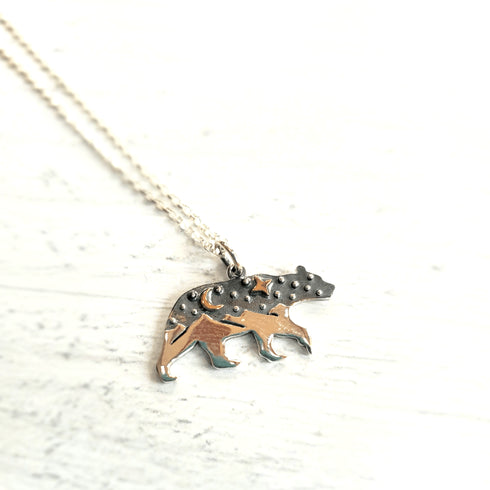 Bear and Mountains Pendant Sterling Silver Necklace