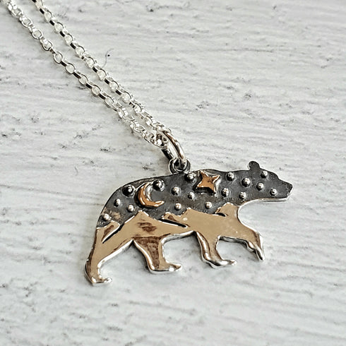 Bear and Mountains Pendant Sterling Silver Necklace
