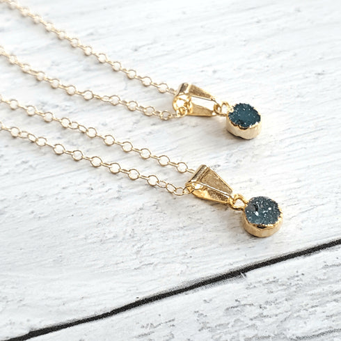 Petite Green Round Druzy Gold Necklace