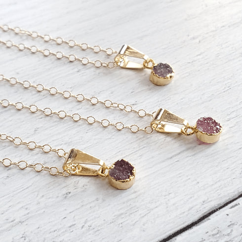 Petite Pink Round Druzy Gold Necklace