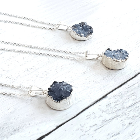 Blue Druzy Electroplated Silver Necklace