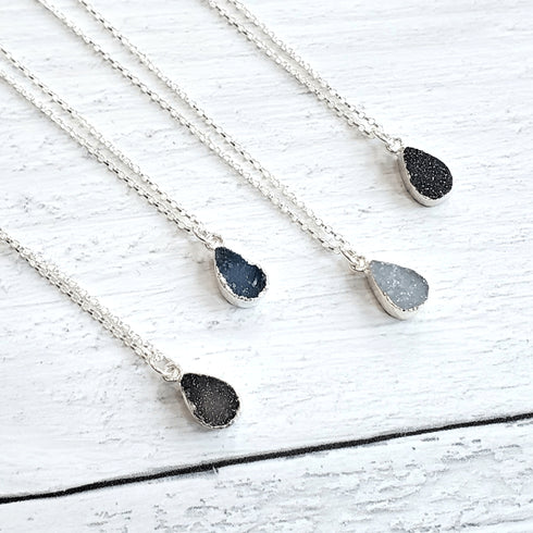 Petite Black Druzy Teardrop Sterling Silver Necklace