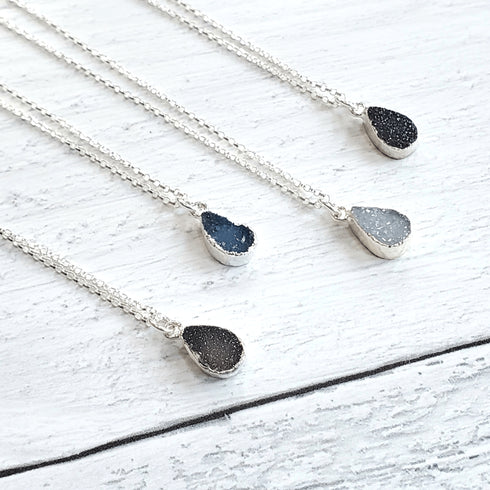 Petite Black Druzy Teardrop Sterling Silver Necklace