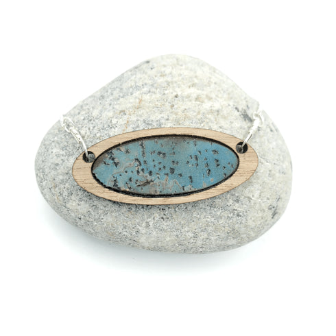 Blue Walnut Wood Oval Sterling Silver Necklace