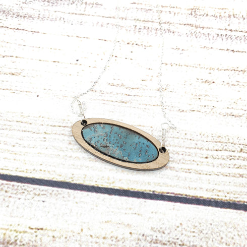 Blue Walnut Wood Oval Sterling Silver Necklace