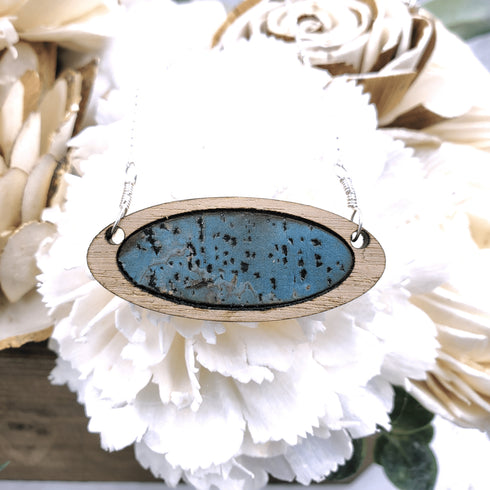 Blue Walnut Wood Oval Sterling Silver Necklace