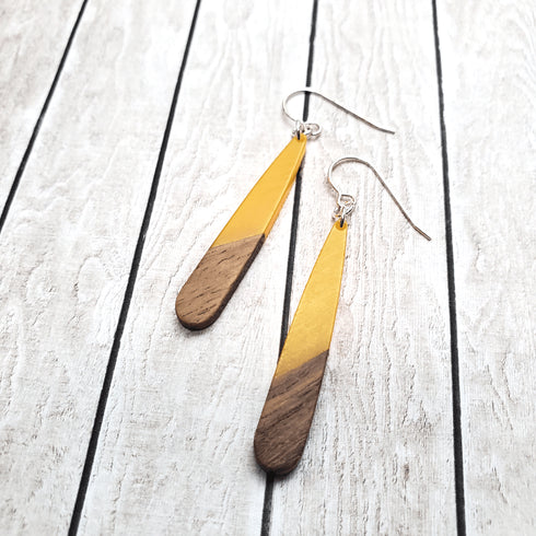 Mustard Yellow Wood & Resin Teardrop Sterling Silver Earrings