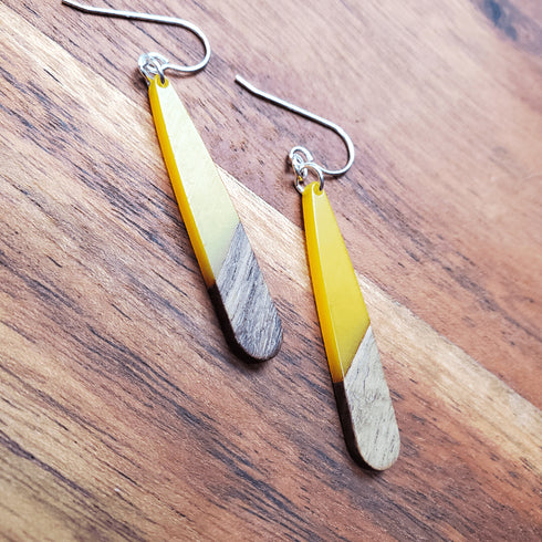 Mustard Yellow Wood & Resin Teardrop Sterling Silver Earrings