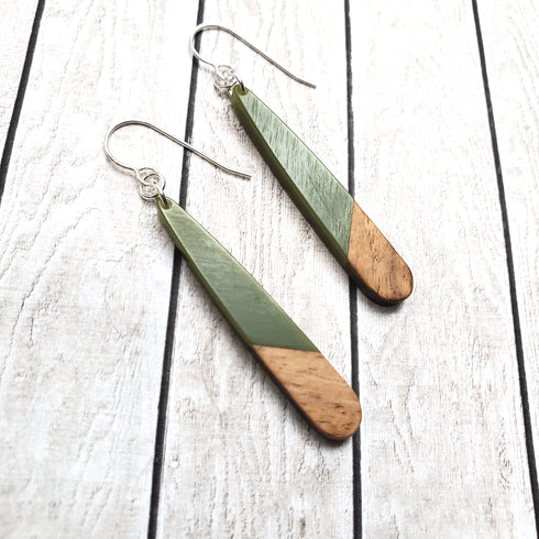 Sage Wood & Resin Teardrop Sterling Silver Earrings
