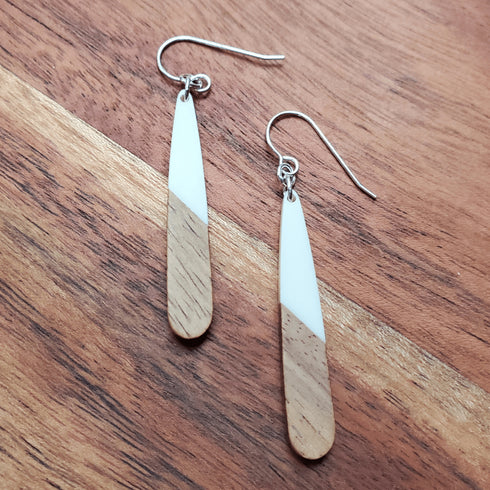 White Wood & Resin Teardrop Sterling Silver Earrings