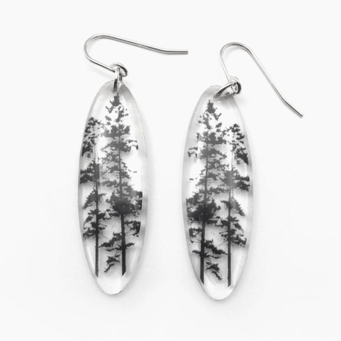 Tall Black and White Tree Oval Earrings, Sterling Silver