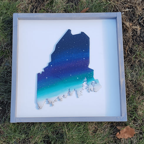 Maine Tree Aurora Wood Framed Sign- Large