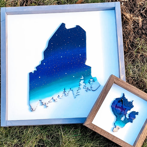 Maine Tree Aurora Wood Framed Sign- Large