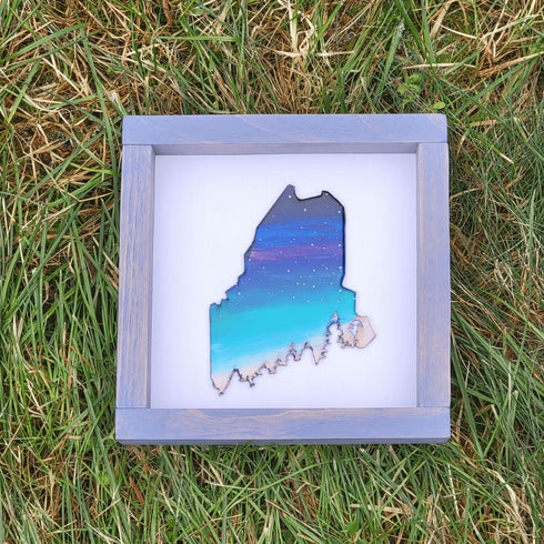 Mini Maine Tree Aurora Framed Sign-Gray