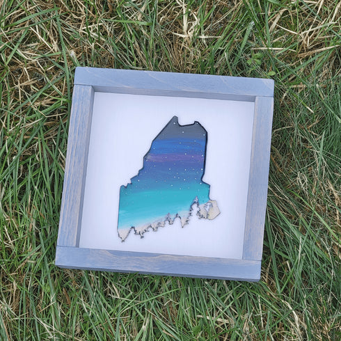 Mini Maine Tree Aurora Framed Sign-Gray