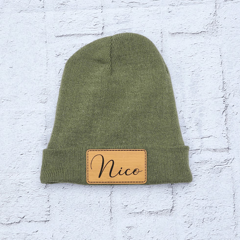 Personalized Name Faux Leather Patch Winter Beanie