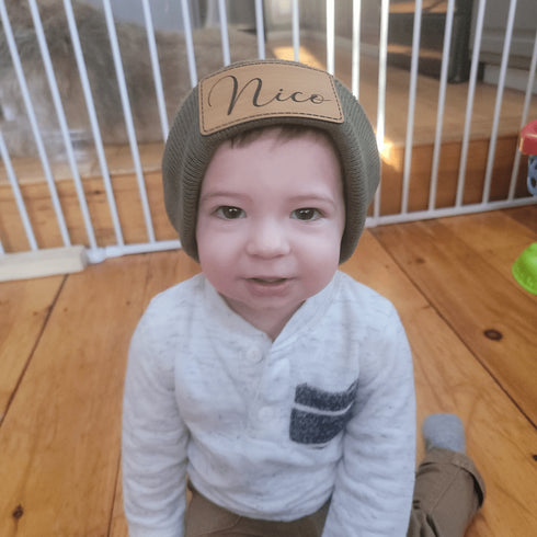 Personalized Name Faux Leather Patch Winter Beanie