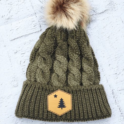 1901 Maine Flag Faux Leather Patch Winter Pom Hat