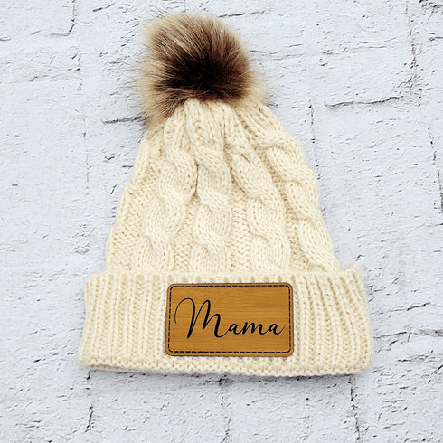 Mama Faux Leather Patch Winter Pom Hat