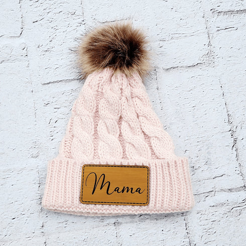 Mama Faux Leather Patch Winter Pom Hat