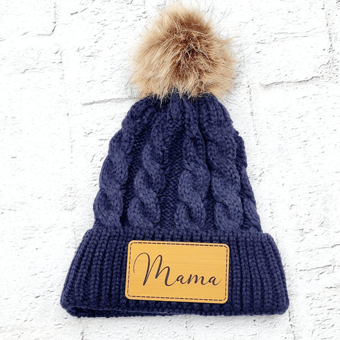 Mama Faux Leather Patch Winter Pom Hat