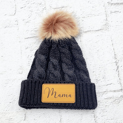 Mama Faux Leather Patch Winter Pom Hat