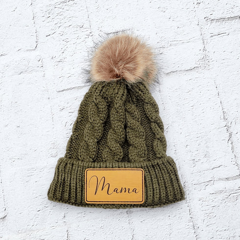 Mama Faux Leather Patch Winter Pom Hat