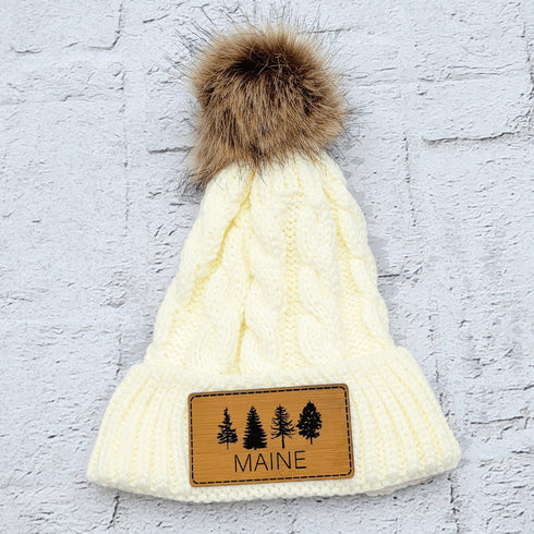 Maine Tree Faux Leather Patch Winter Pom Hat