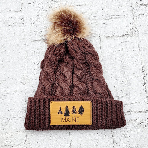 Maine Tree Faux Leather Patch Winter Pom Hat