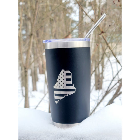 Maine Flag 20oz Black Tumbler Stainless Steel with Metal Straw