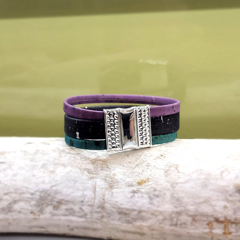 Purple, Black, and Teal, 3 Strand Cork Bracelet