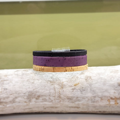 Purple, Black, and Tan, 3 Strand Cork Bracelet