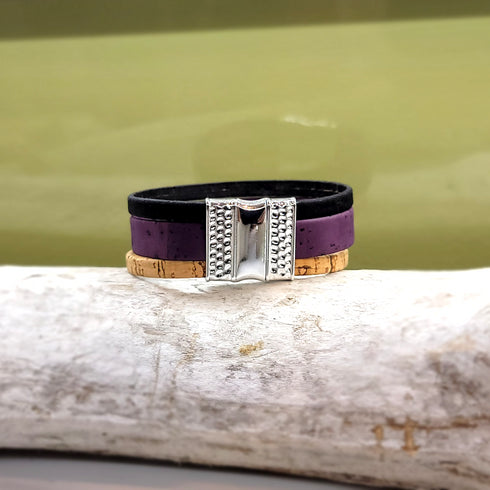 Purple, Black, and Tan, 3 Strand Cork Bracelet