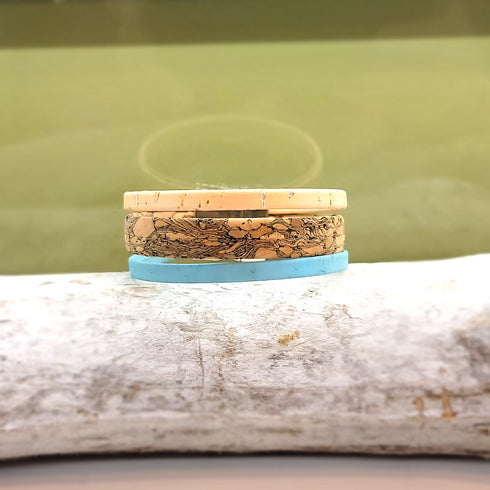 Tan, Peach, and Blue 3 Strand Cork Bracelet