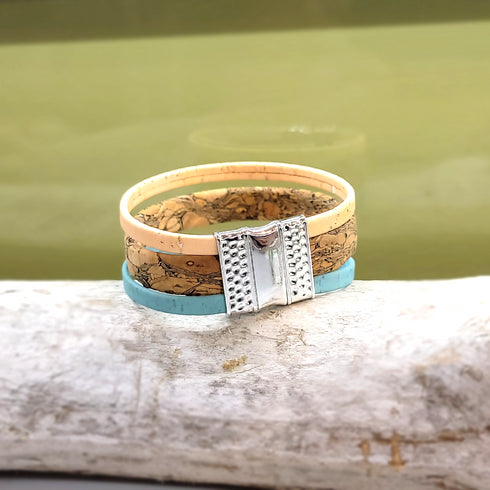 Tan, Peach, and Blue 3 Strand Cork Bracelet