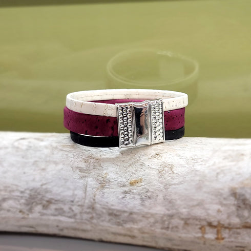 Wine, Black, and White 3 Strand Cork Bracelet