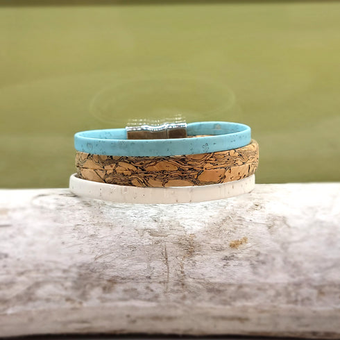 Blue, Tan, and White 3 Strand Cork Bracelet
