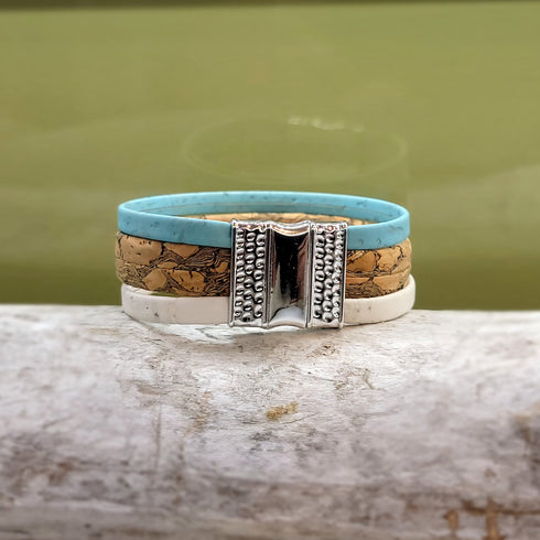 Blue, Tan, and White 3 Strand Cork Bracelet