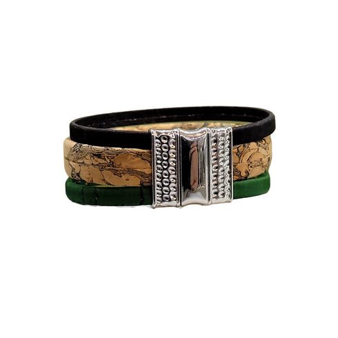 Tan, Green, and Black 3 Strand Cork Bracelet