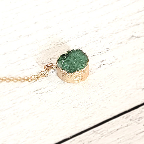 Green Druzy Circle Gold Necklace