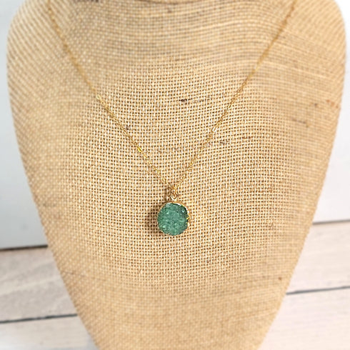 Green Druzy Circle Gold Necklace