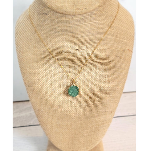 Green Druzy Circle Gold Necklace