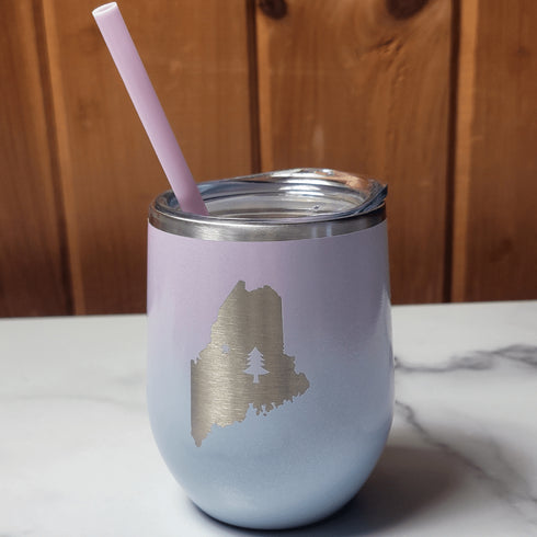 1901 Maine Flag Laser Engraved Wine Tumbler- Ombre White Glitter Metallic