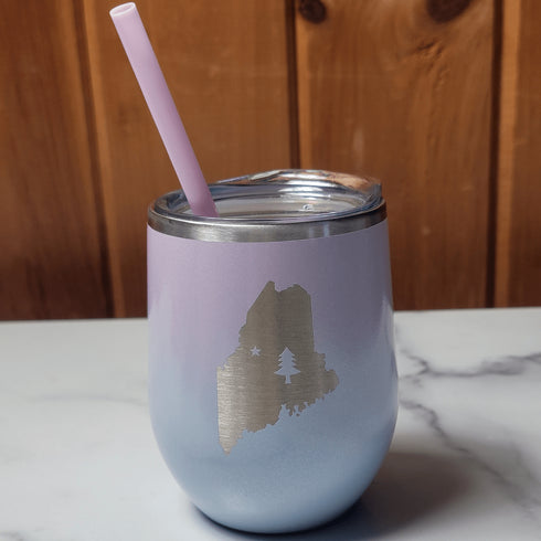 1901 Maine Flag Laser Engraved Wine Tumbler- Ombre White Glitter Metallic