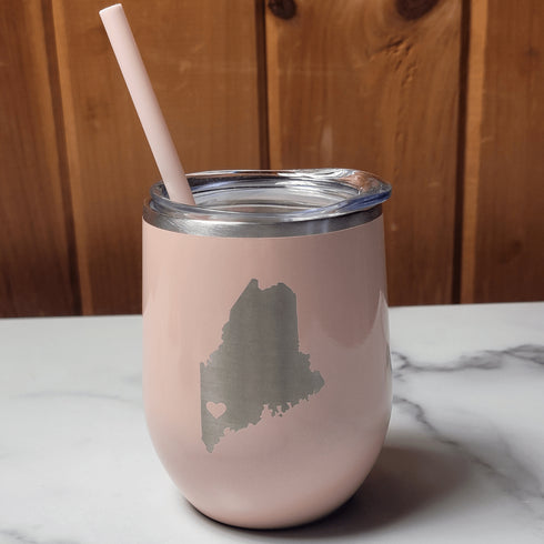 Maine Heart Laser Engraved Wine Tumbler-Glitter Peach