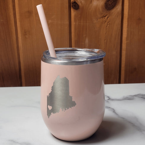 Maine Heart Laser Engraved Wine Tumbler-Glitter Peach