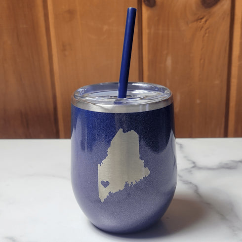Maine Heart Laser Engraved Wine Tumbler- Purple Glitter